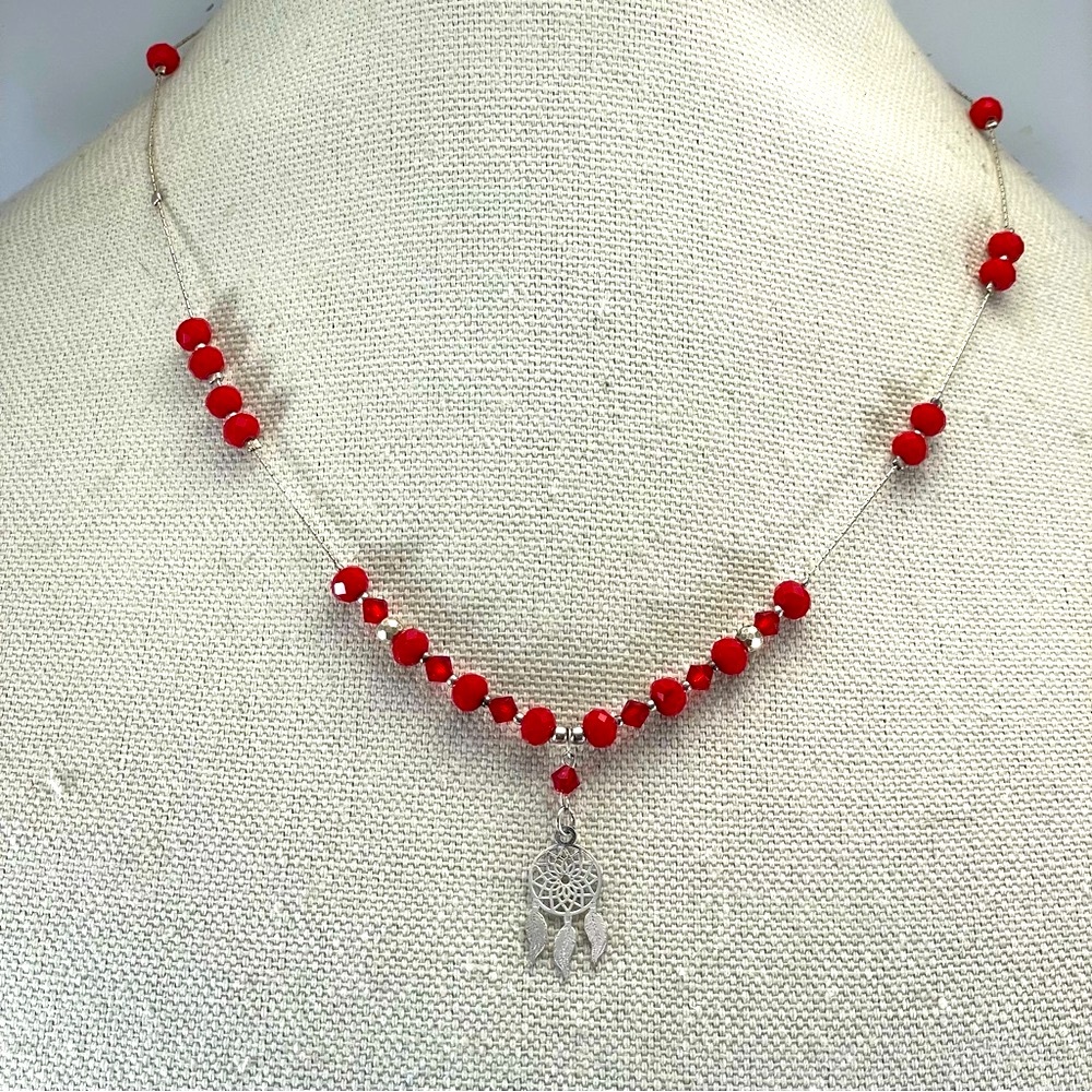 Stunning 925 Sterling Silver Red Glass Beaded Dream Catcher Pendant Necklace